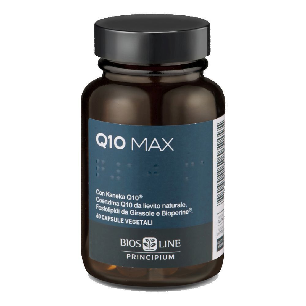 Braune Kapsel-Dose mit schwarzem Deckel. Aufschrift Q10 MAX, Bios Line Principium. 60 vegetarische Kapseln.