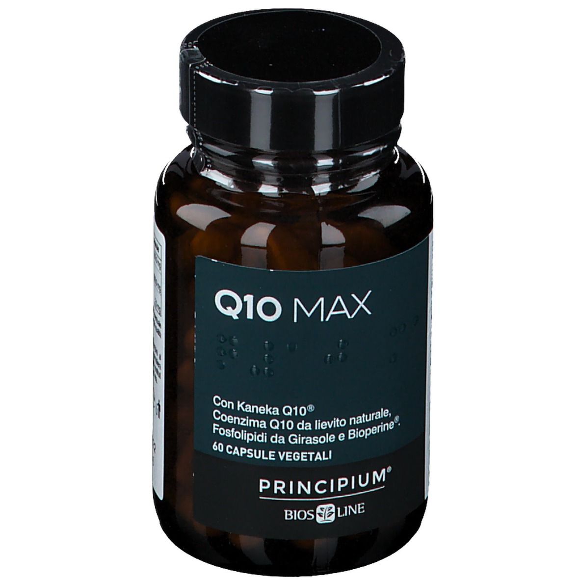 Braune Kapsel-Dose mit schwarzem Deckel. Aufschrift Q10 MAX, Bios Line Principium. 60 vegetarische Kapseln.