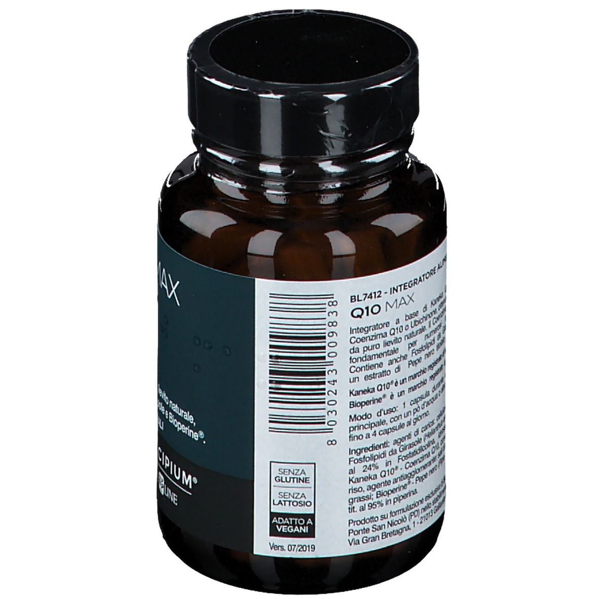 Rückseite einer braunen Kapsel-Dose mit schwarzem Deckel. Aufschrift Q10 MAX, Bios Line Principium. Barcode.