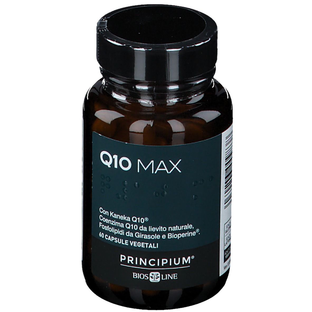 Braune Kapsel-Dose mit schwarzem Deckel. Aufschrift Q10 MAX, Bios Line Principium. 60 vegetarische Kapseln.