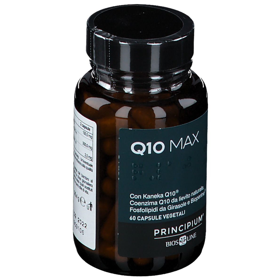 Braune Kapsel-Dose mit schwarzem Deckel. Aufschrift Q10 MAX, Bios Line Principium. 60 vegetarische Kapseln. Nährwertangaben.