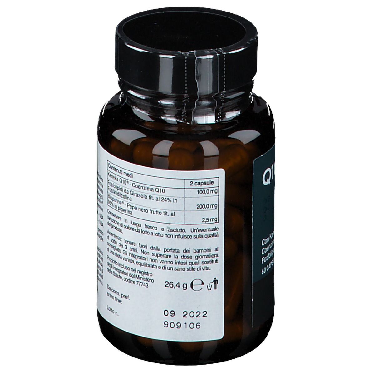 Rückseite einer braunen Kapsel-Dose mit schwarzem Deckel. Aufschrift Q10 MAX, Bios Line Principium. Nährwertangaben.