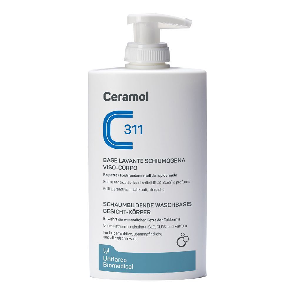 Flacone bianco con dosatore. Scritta Ceramol 311, BASE LAVANTE SCHIUMOGENA VISO-CORPO, SCHAUMBILDENDE WASCHBASIS GESICHT-KÖRPER.