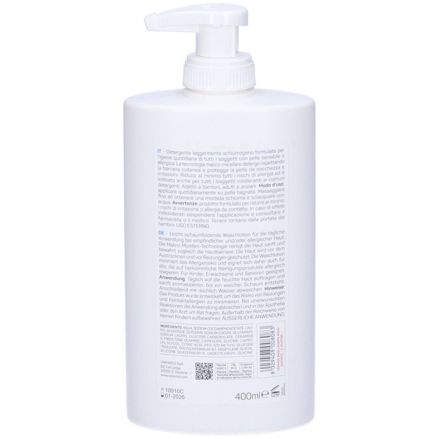 Retro di un flacone bianco con testo. Contiene informazioni sugli ingredienti e l'uso. Volume di 400 ml.