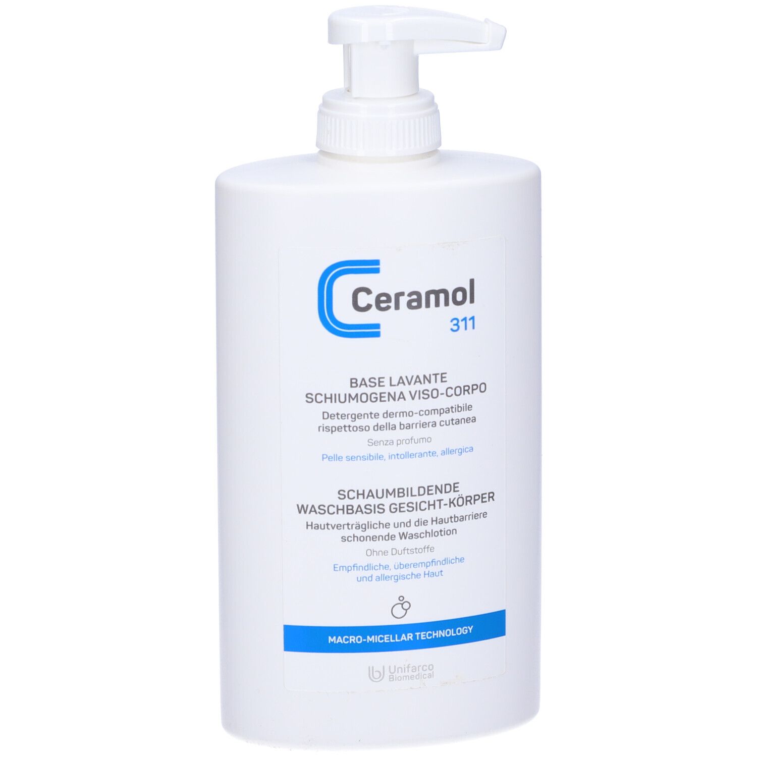 Flacone bianco con dosatore. Scritta Ceramol 311, BASE LAVANTE SCHIUMOGENA VISO-CORPO, SCHAUMBILDENDE WASCHBASIS GESICHT-KÖRPER.