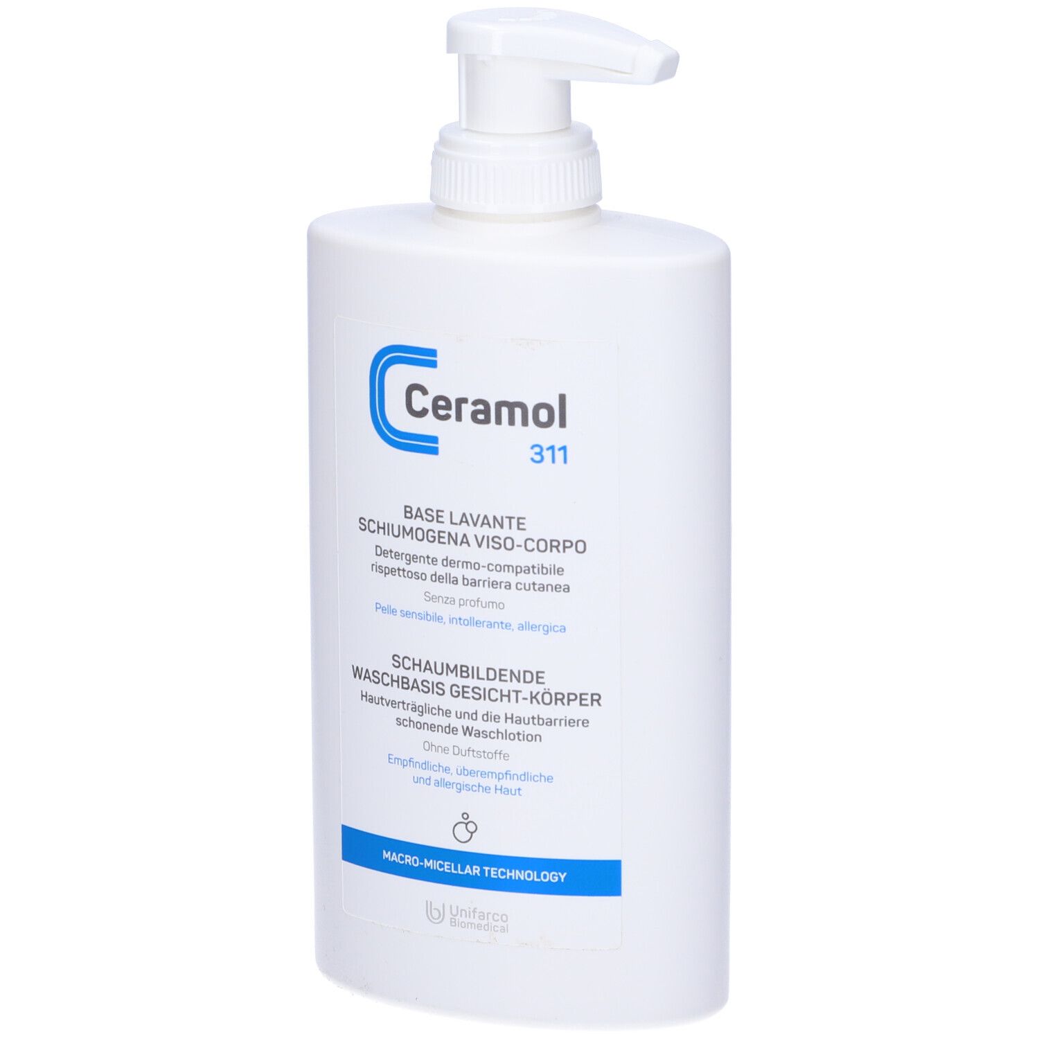 Flacone bianco con dosatore. Scritta Ceramol 311, BASE LAVANTE SCHIUMOGENA VISO-CORPO, SCHAUMBILDENDE WASCHBASIS GESICHT-KÖRPER.