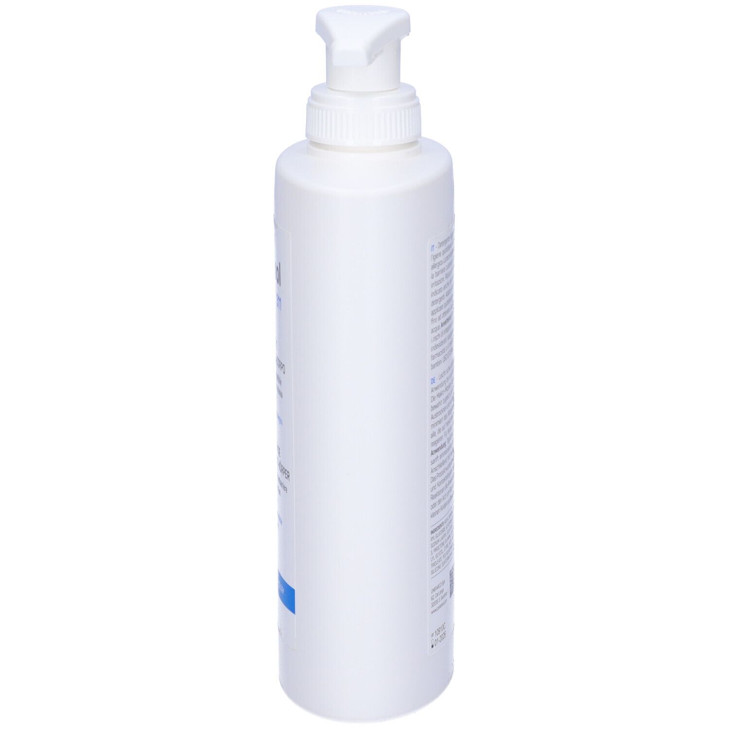 Flacone bianco con dosatore, vista laterale. Testo non leggibile.