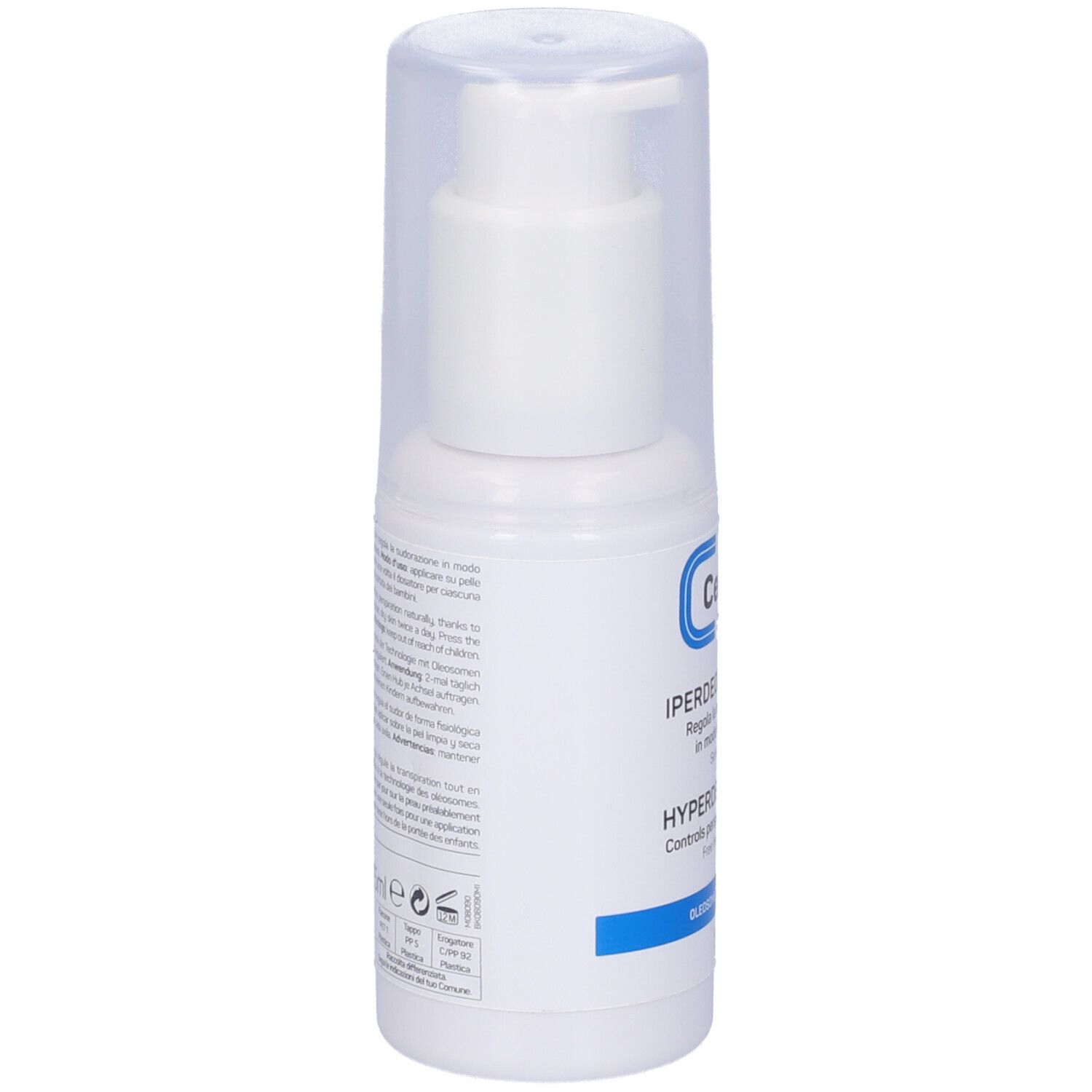 Rückseite einer weißen Flasche mit Zerstäuber. Text: Iperdeodorante, Inhaltsstoffe, Herstellerinformationen, Chargennummer.