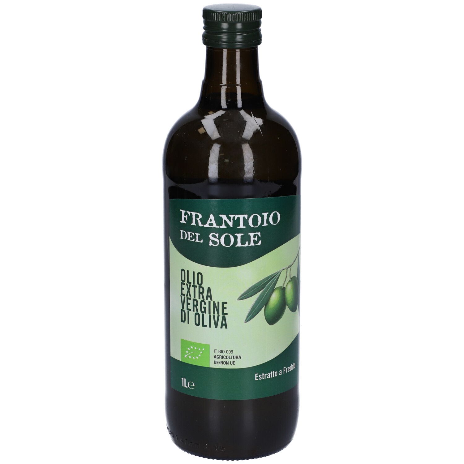 Bottiglia di vetro verde di olio d'oliva. Etichetta con testo e ramo d'ulivo. 1 litro.