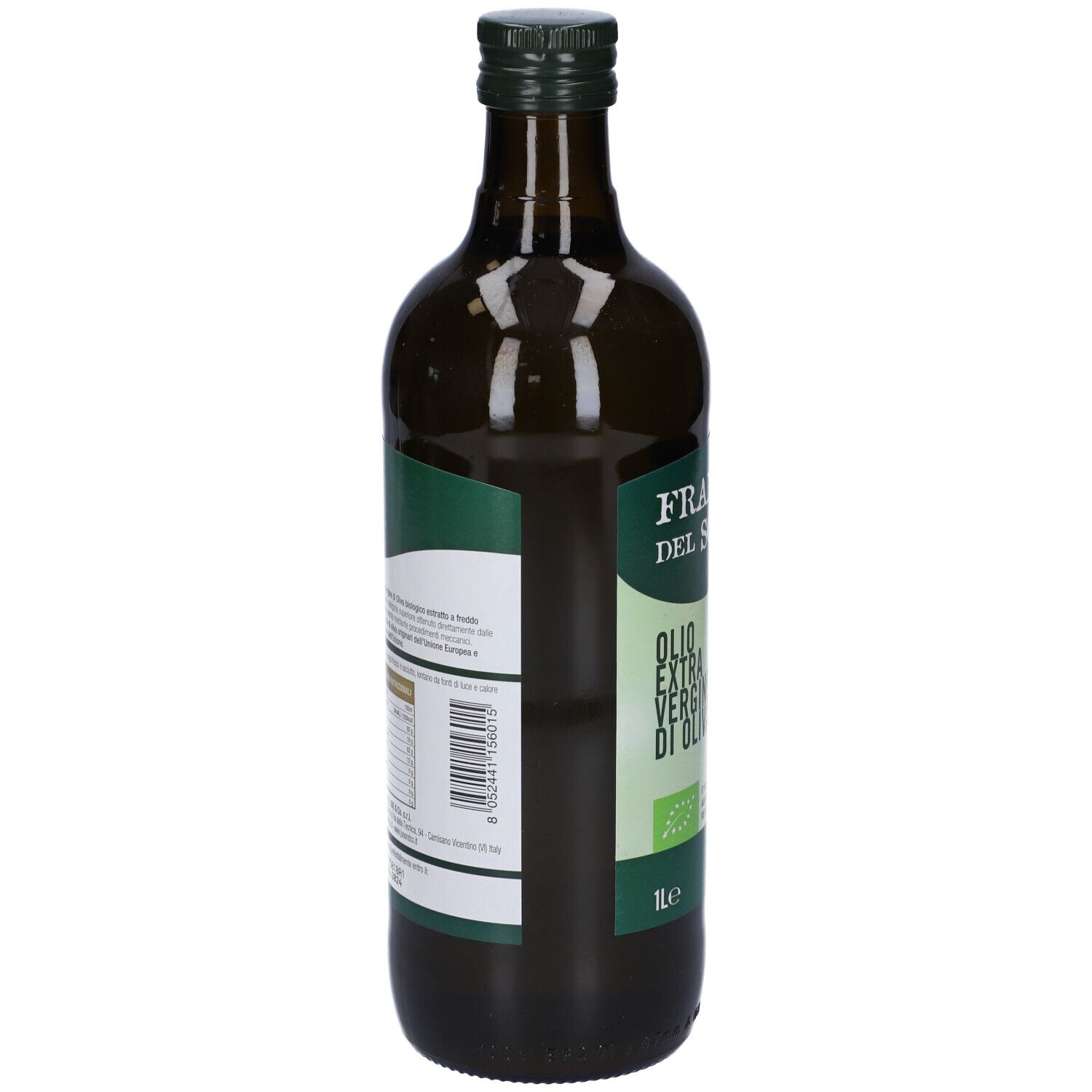 Bottiglia di vetro verde di olio d'oliva. Etichetta con informazioni nutrizionali e codice a barre. 1 litro.
