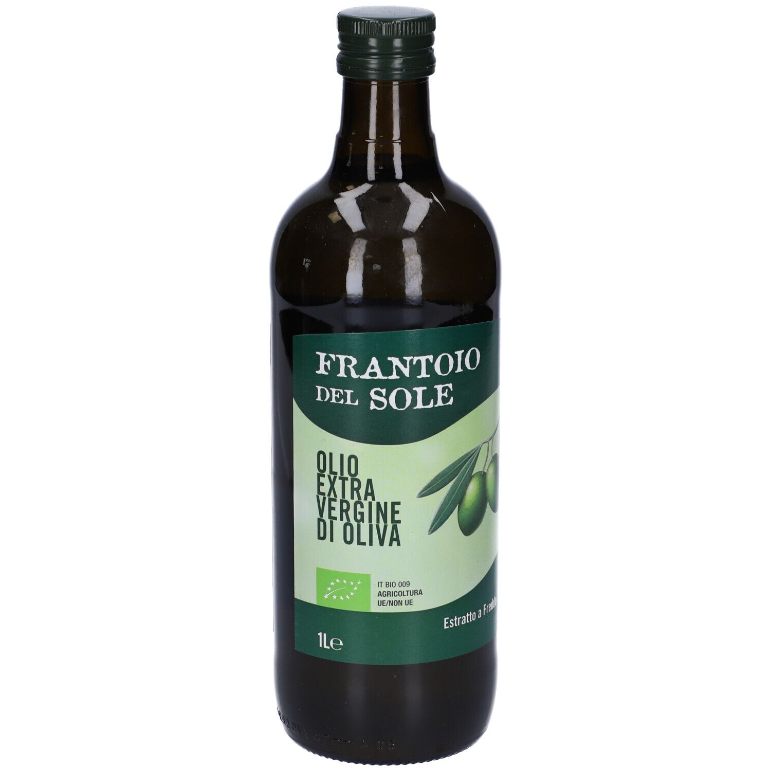 Bottiglia di vetro verde di olio d'oliva. Etichetta con testo e ramo d'ulivo. 1 litro.