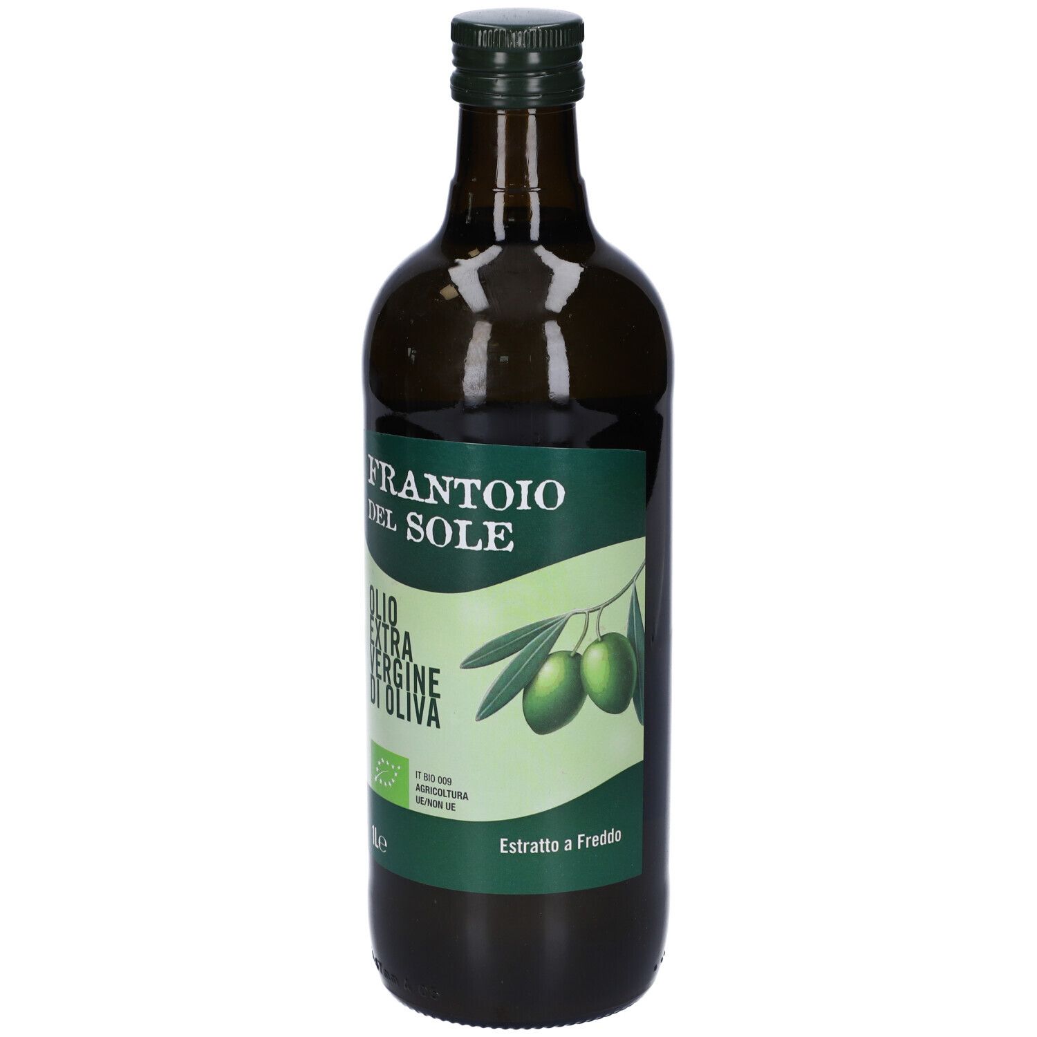 Bottiglia di vetro verde di olio d'oliva. Etichetta con testo e ramo d'ulivo. 1 litro.