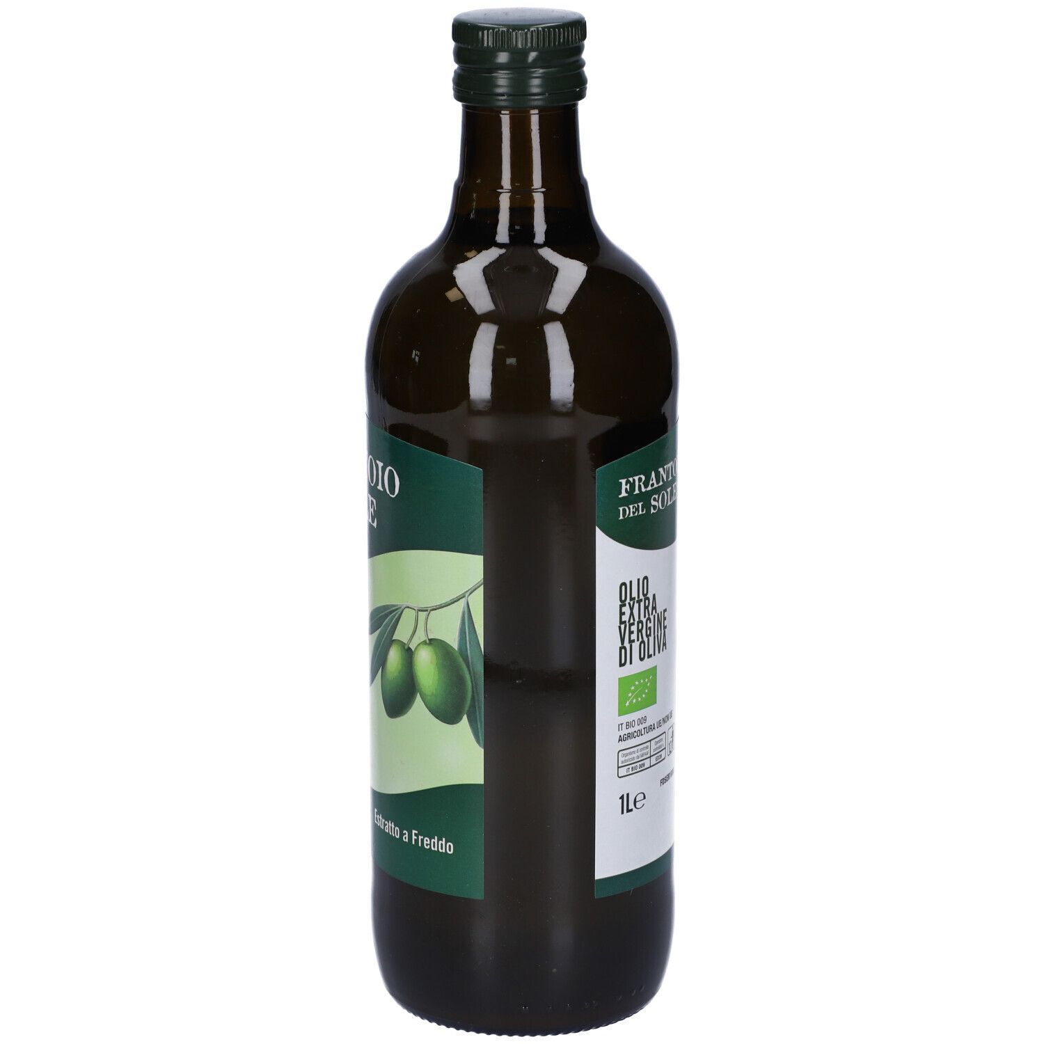 Bottiglia di vetro verde di olio d'oliva. Etichetta con testo e ramo d'ulivo. 1 litro.