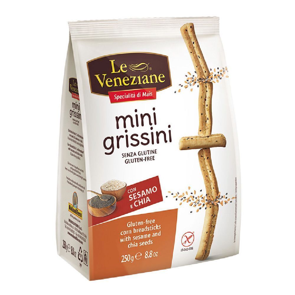 Confezione di Le Veneziane Mini Grissini. Grissini di mais senza glutine con semi di sesamo e chia. 250g.