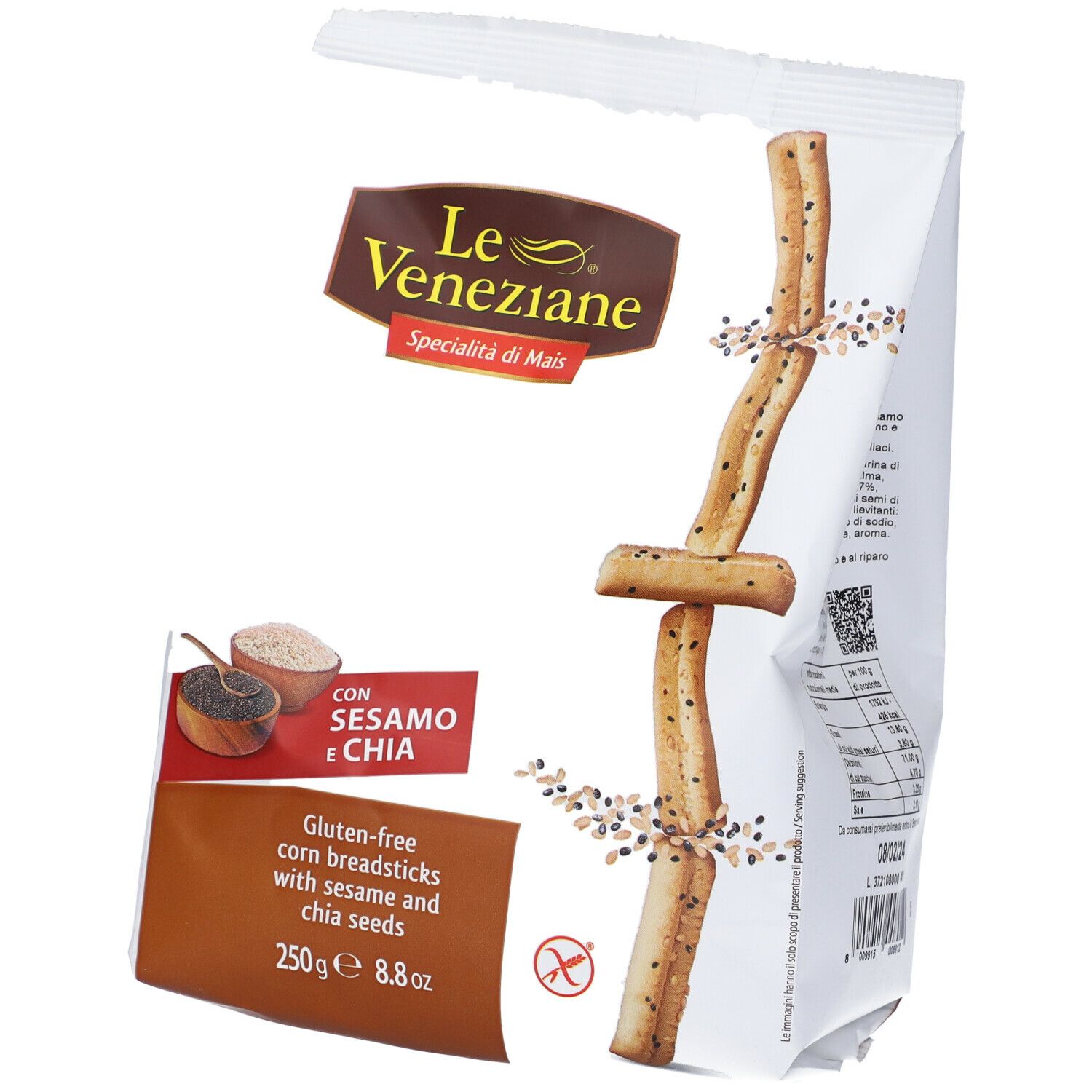 Confezione Le Veneziane Mini Grissini. Grissini senza glutine con sesamo e chia. Vista frontale e obliqua.