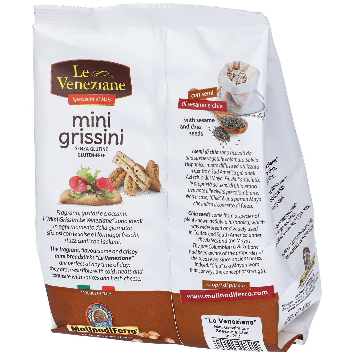 Retro della confezione Le Veneziane Mini Grissini. Testo su ingredienti e valori nutrizionali. Prodotto in Italia.