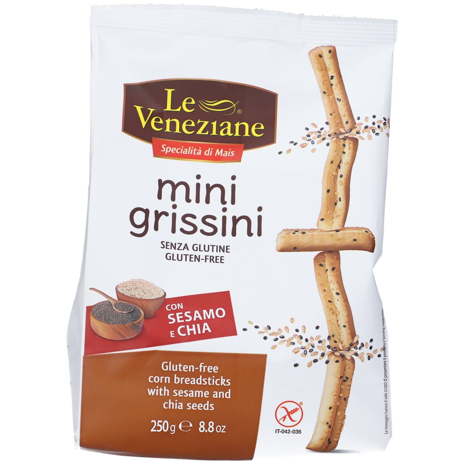 Confezione Le Veneziane Mini Grissini. Grissini senza glutine con sesamo e chia. Vista frontale.