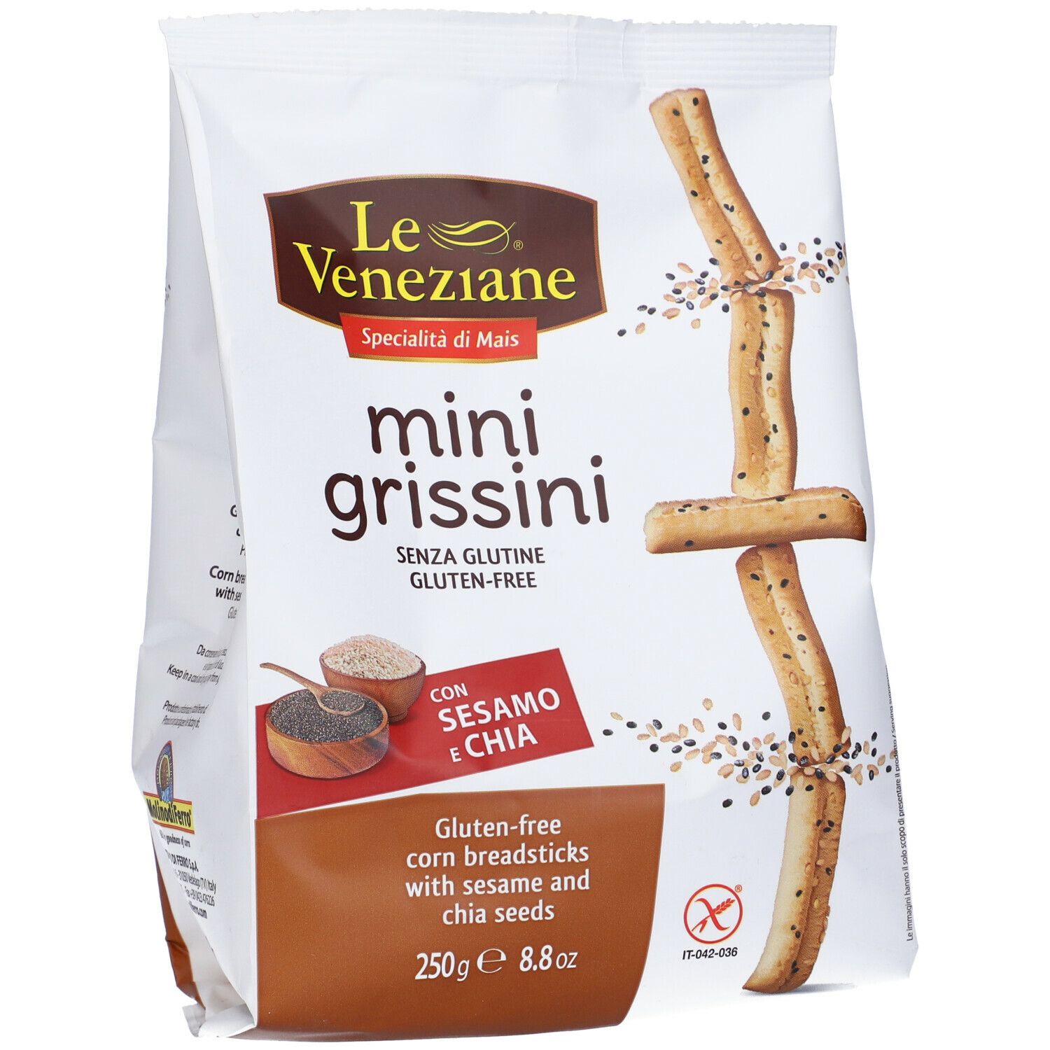 Confezione Le Veneziane Mini Grissini. Grissini senza glutine con sesamo e chia. Vista frontale.