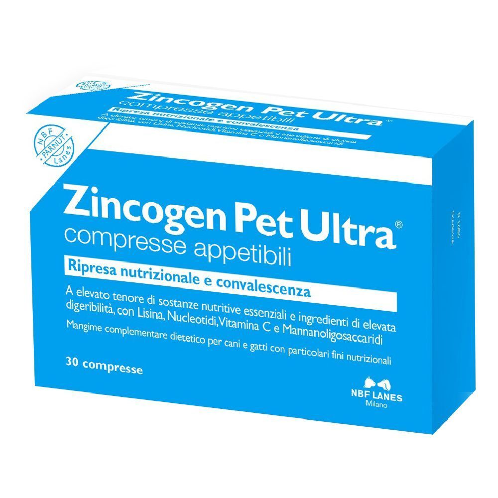 Confezione di compresse Zincogen Pet Ultra. Scatola blu con scritte bianche. 30 compresse appetibili.
