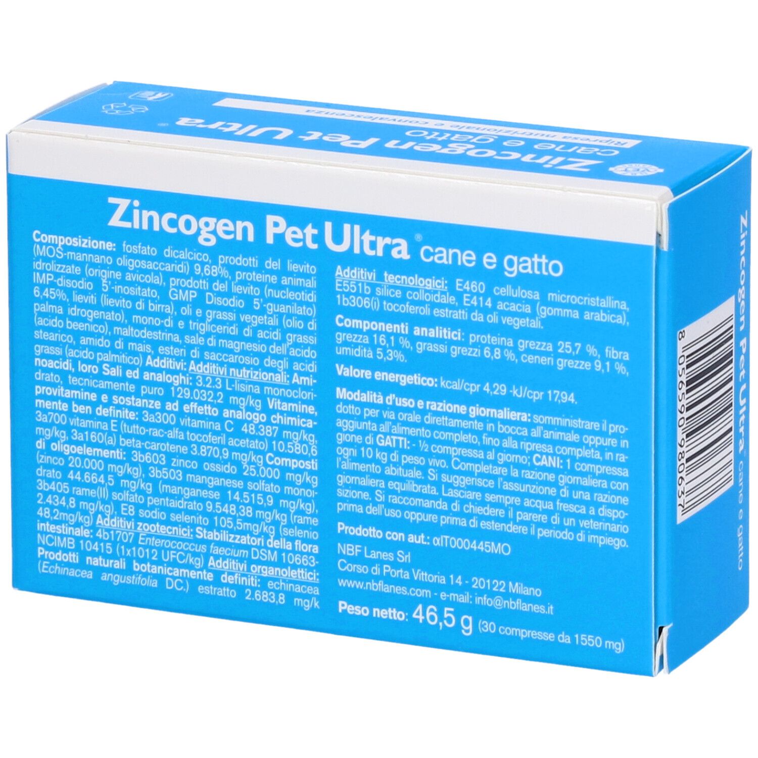 Scatola blu con scritte bianche. Nome prodotto: Zincogen Pet Ultra, per cani e gatti. Testo e ingredienti.