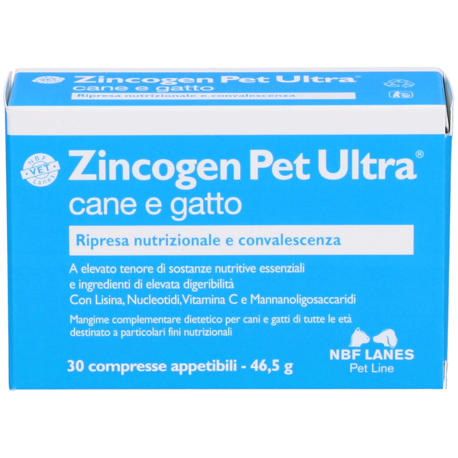 Scatola blu con scritte bianche. Nome prodotto: Zincogen Pet Ultra, per cani e gatti. 30 compresse.