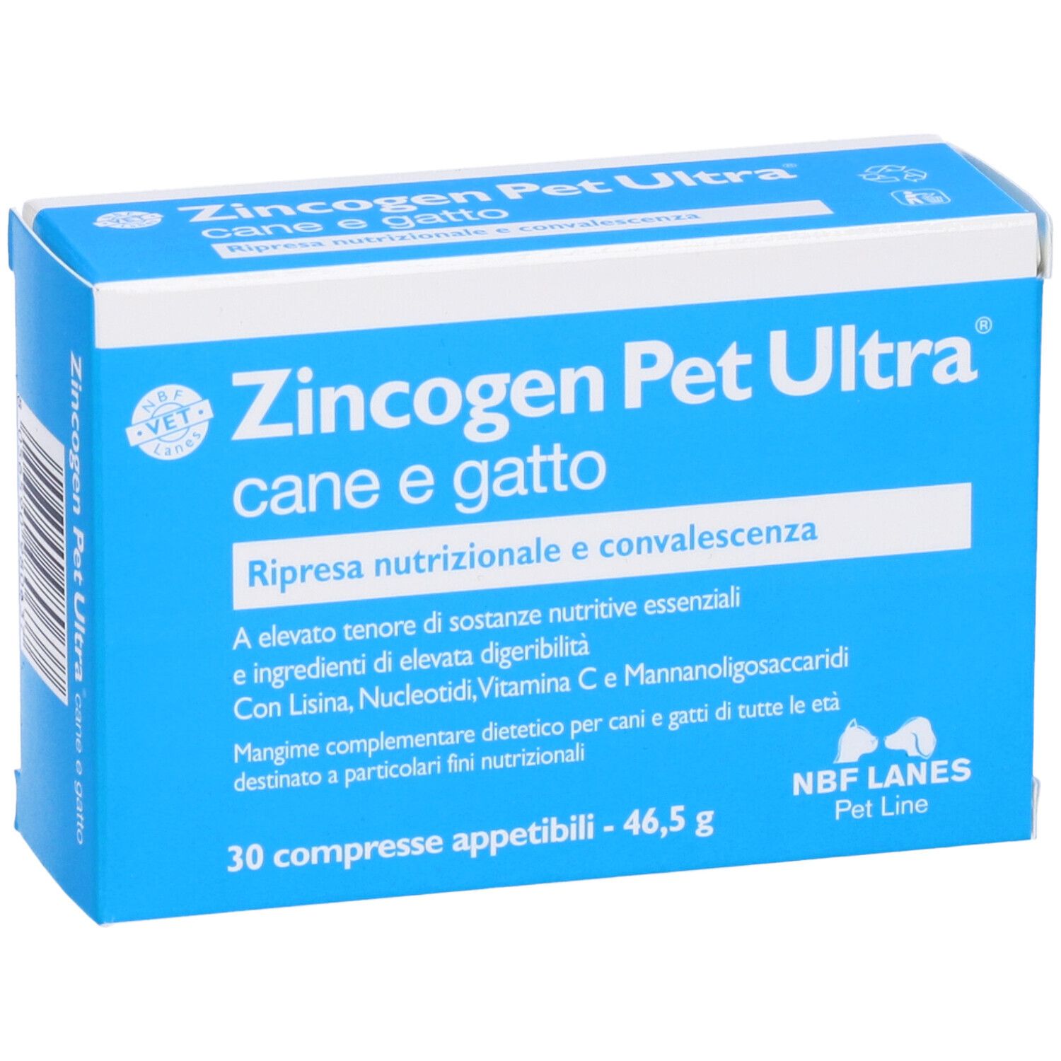 Scatola blu con scritte bianche. Nome prodotto: Zincogen Pet Ultra, per cani e gatti. 30 compresse.