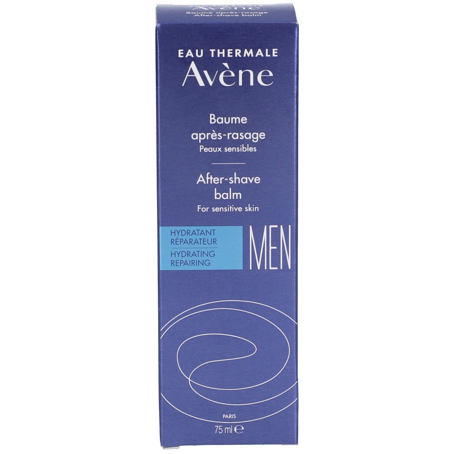 Scatola blu e bianca con logo Avene e testo. Balsamo dopobarba per pelli sensibili. MEN.