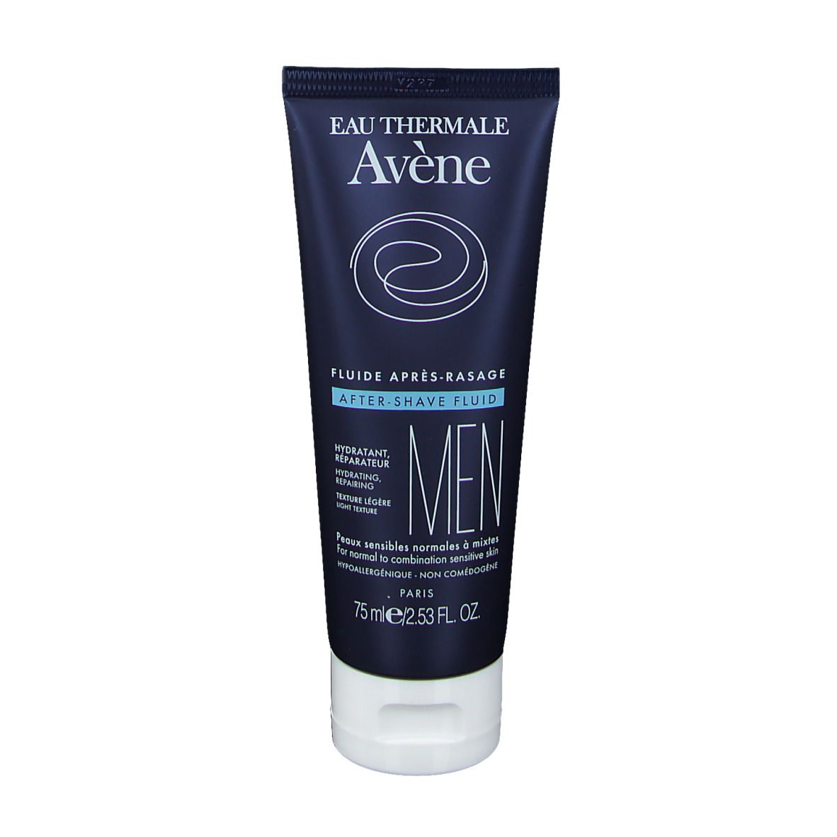 Blauwe Tube mit weißem Deckel. Aufschrift: Eau Thermale Avène, Fluide Après-Rasage, MEN. 75 ml.