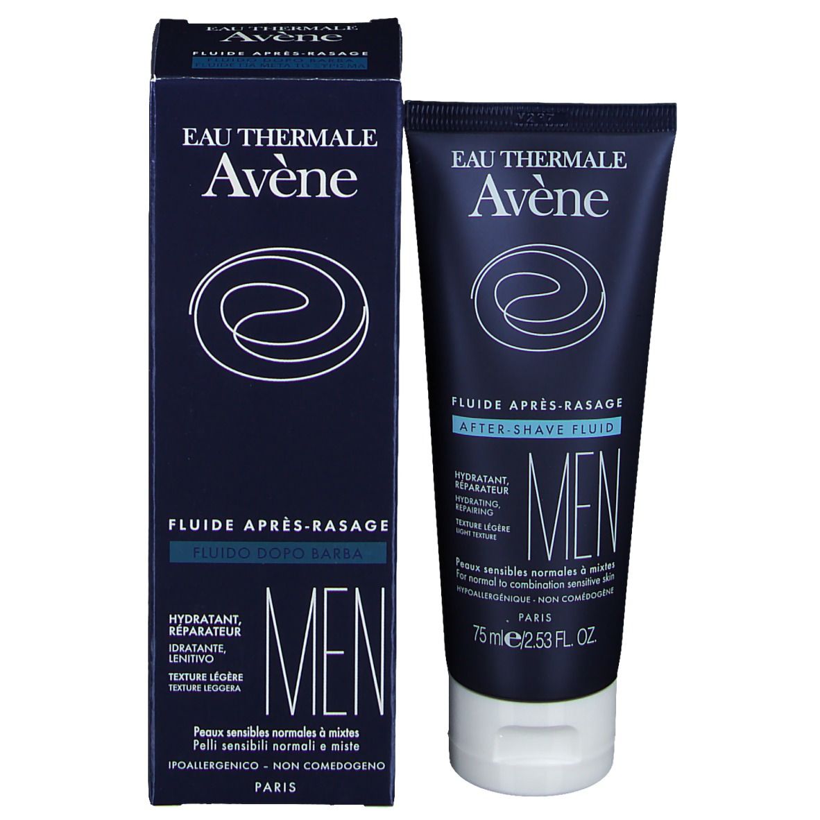 Produktverpackung. Tube und Schachtel. Aufschrift: Eau Thermale Avène, Fluide Après-Rasage, MEN. 75 ml.