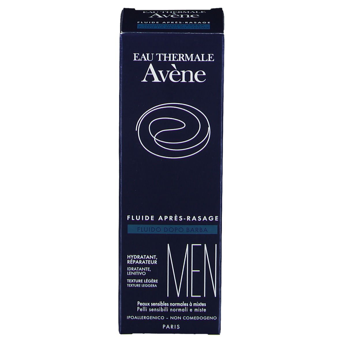Produktverpackung. Schachtel. Aufschrift: Eau Thermale Avène, Fluide Après-Rasage, MEN.