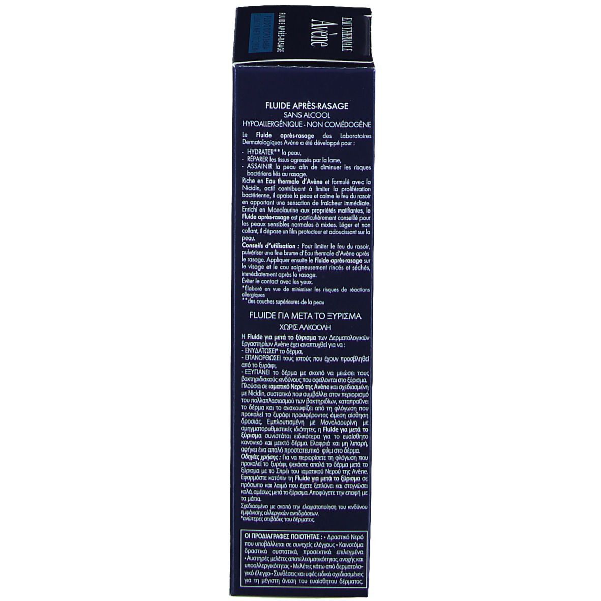 Rückseite der Schachtel. Text in mehreren Sprachen. Aufschrift: Fluide après-rasage, sans alcool, hypoallergénique.