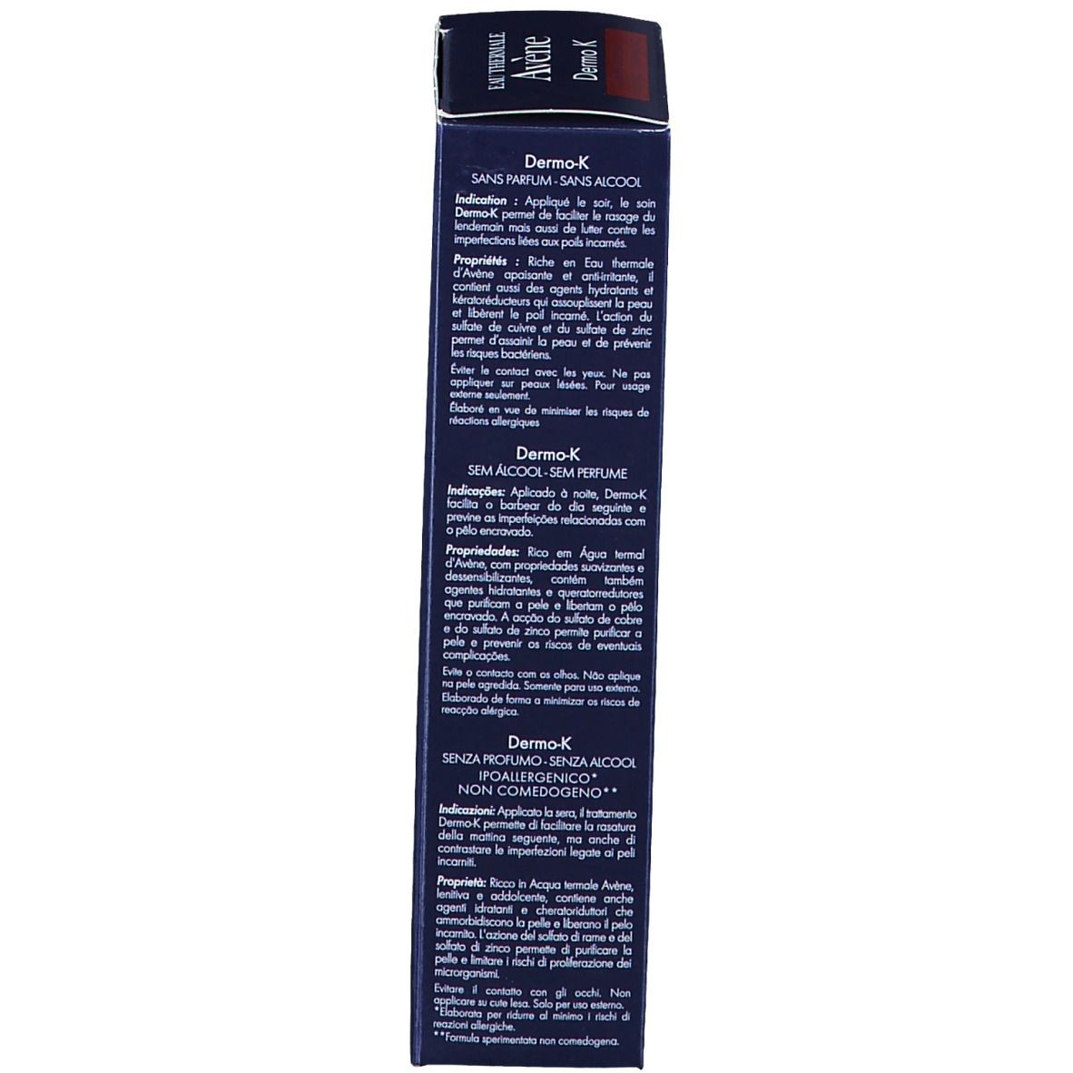 Côté de la boîte bleue. Texte multilingue. Sans parfum, sans alcool. Informations fabricant.