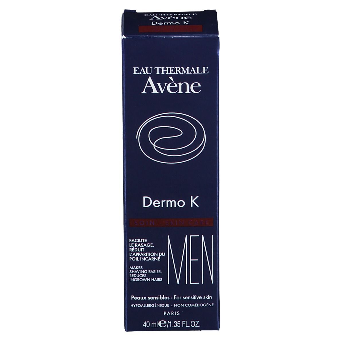 Boîte bleue. Inscriptions: Eau Thermale Avène, Dermo K, MEN. Pour peaux sensibles. Aide aux poils incarnés.