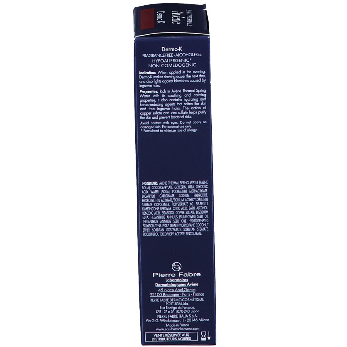 Côté de la boîte bleue. Ingrédients, informations fabricant: Pierre Fabre. Sans parfum, sans alcool.