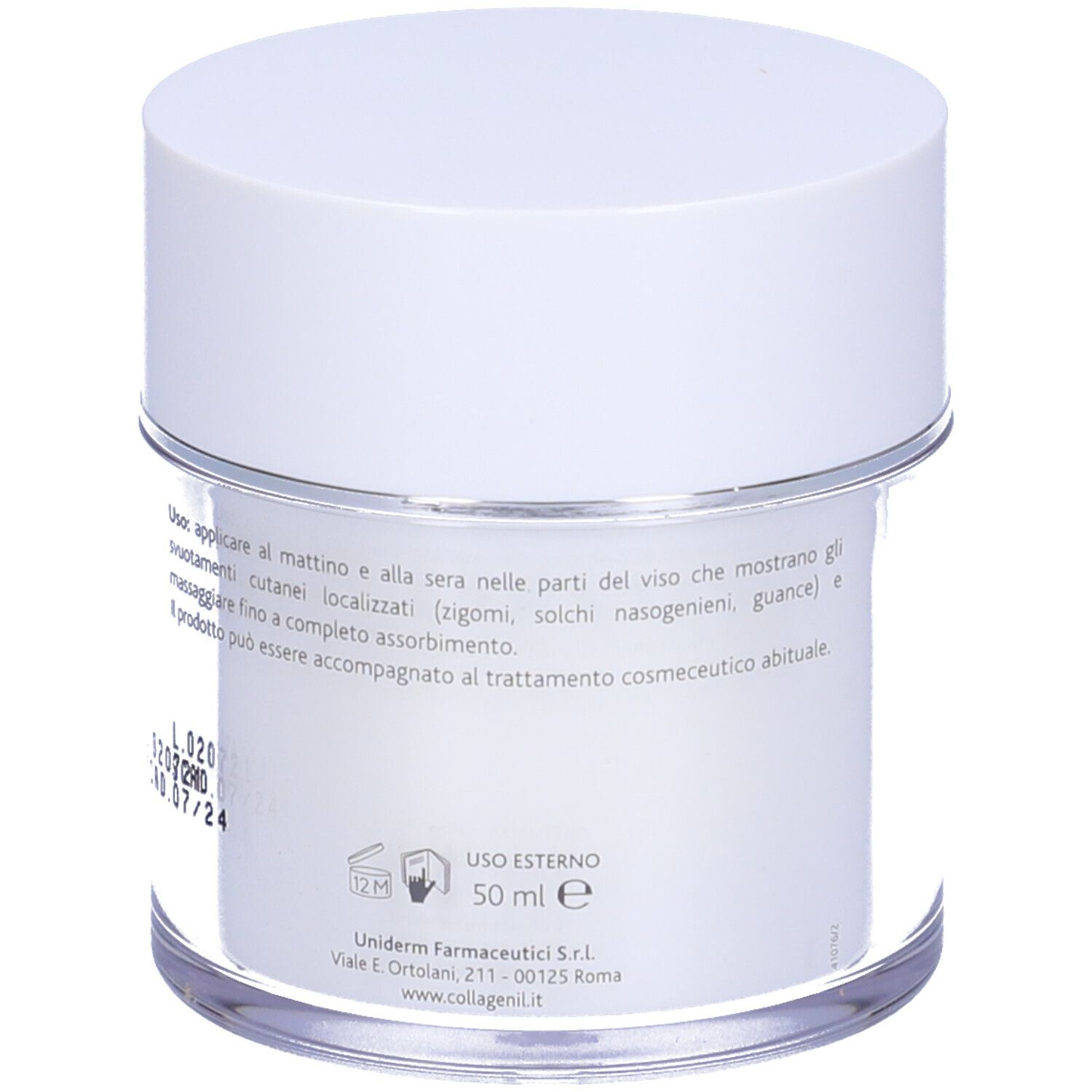 Creme-Tiegel mit weißem Deckel. Rückseite mit Text. COLLAGENIL RE-PULP 3D. Text: Anwendungshinweise, 50 ml, Verfallsdatum.