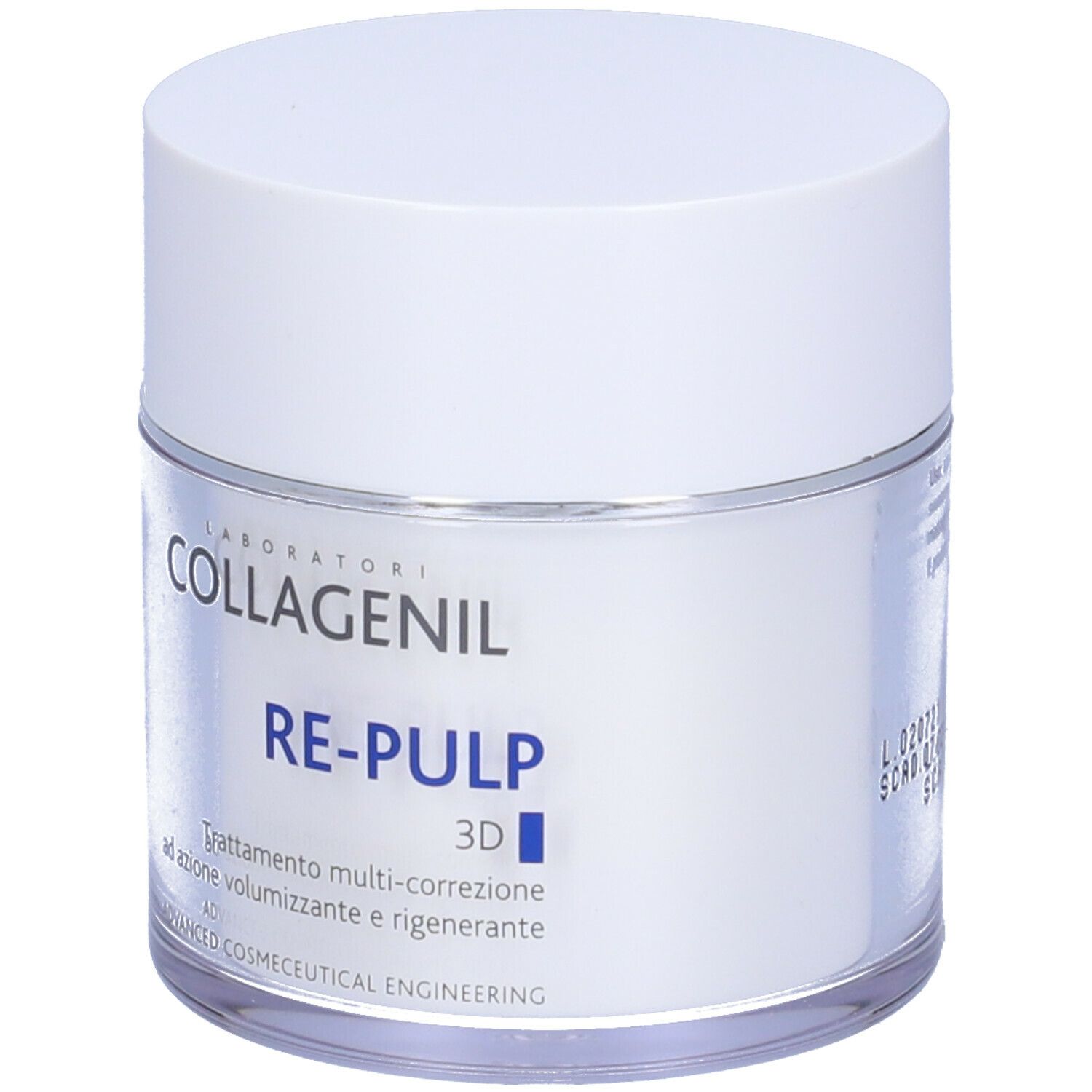 Creme-Tiegel mit weißem Deckel. Auf dem Etikett steht COLLAGENIL RE-PULP 3D. Text: Behandlung mit Volumenwirkung und Regeneration.