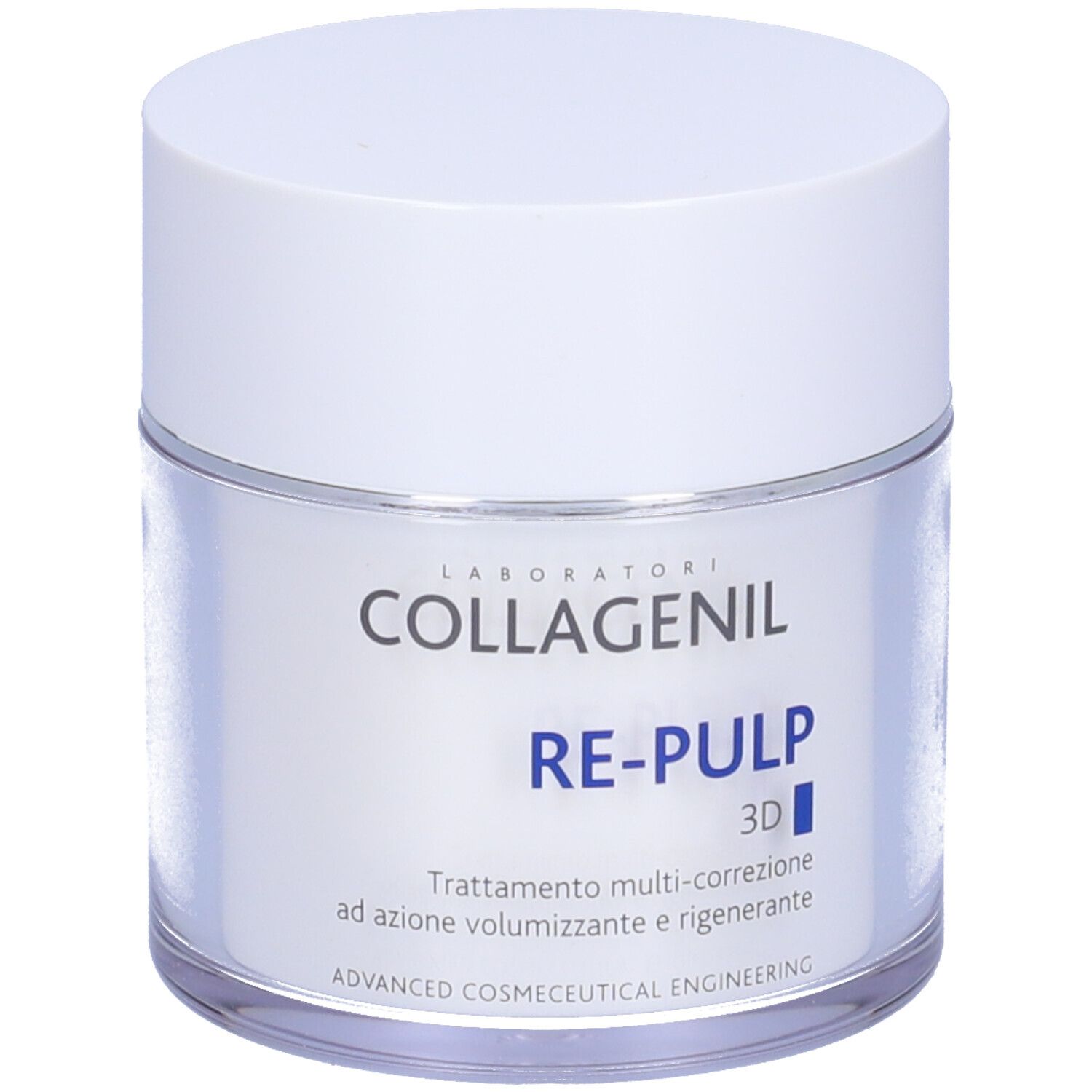 Creme-Tiegel mit weißem Deckel. Auf dem Etikett steht COLLAGENIL RE-PULP 3D. Text: Behandlung mit Volumenwirkung und Regeneration.