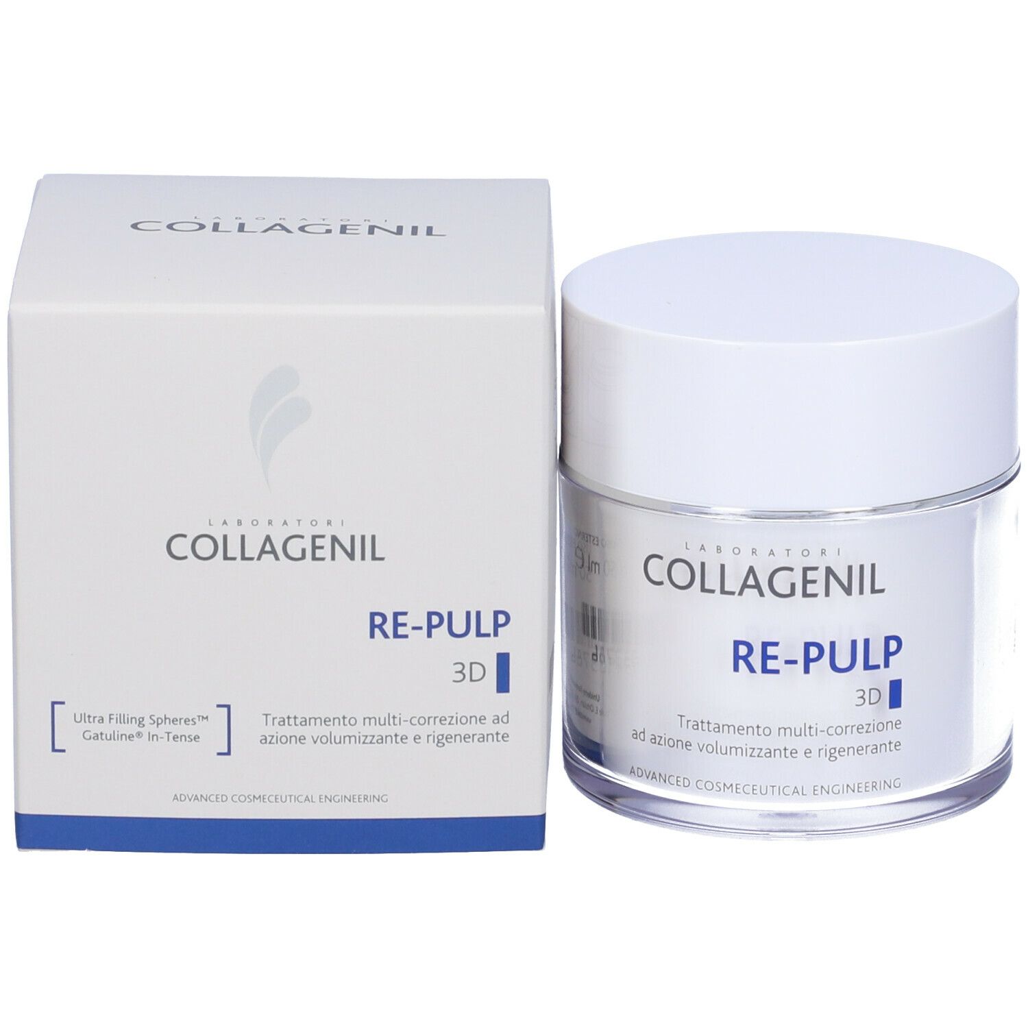 Creme-Tiegel und Schachtel. Auf dem Tiegel und der Schachtel steht COLLAGENIL RE-PULP 3D. Text: Behandlung mit Volumenwirkung und Regeneration.