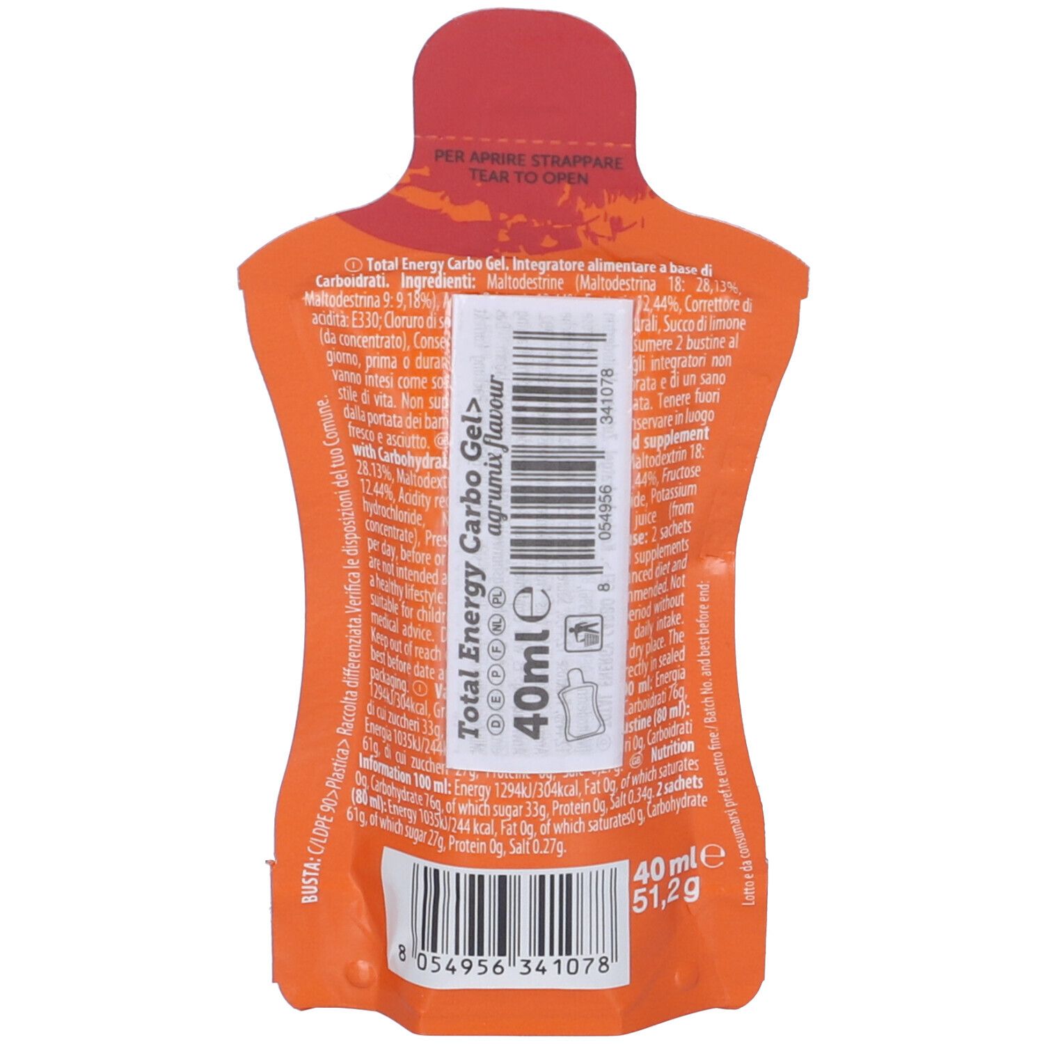 Retro di una busta di gel arancione con testo. Contiene 40 ml. Con codice a barre.