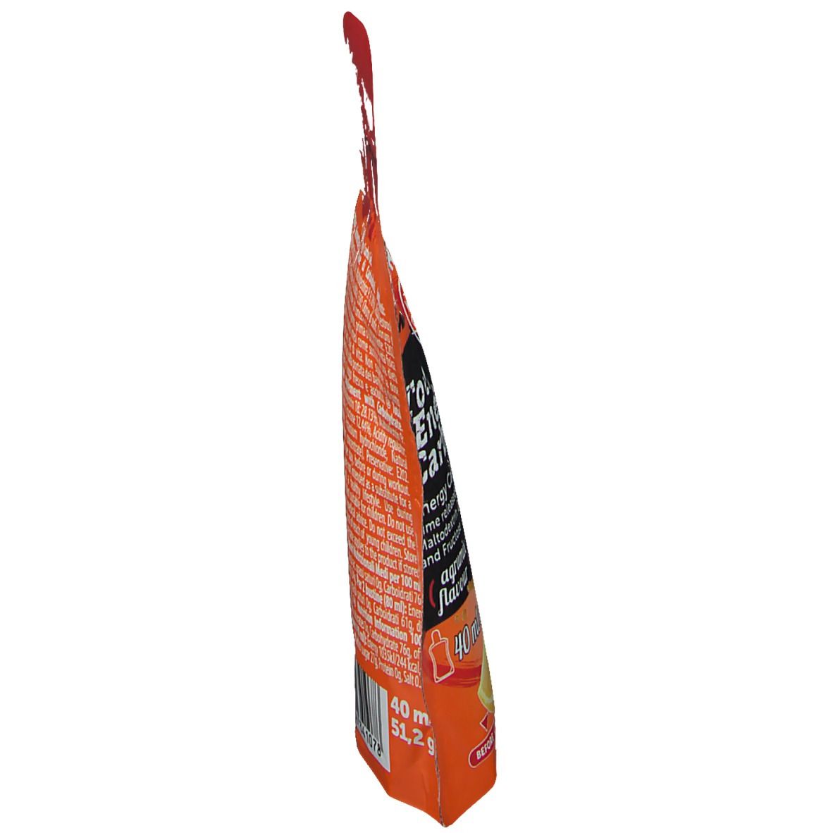 Vista laterale di una busta di gel arancione con testo. Contiene 40 ml.
