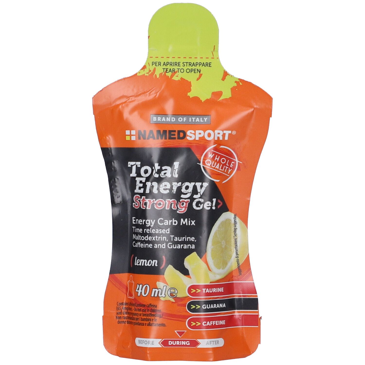 Sachet de gel orange avec bouchon jaune. Inscription: Total Energy Strong Gel, citron. Contient taurine, guarana, caféine. 40 ml.