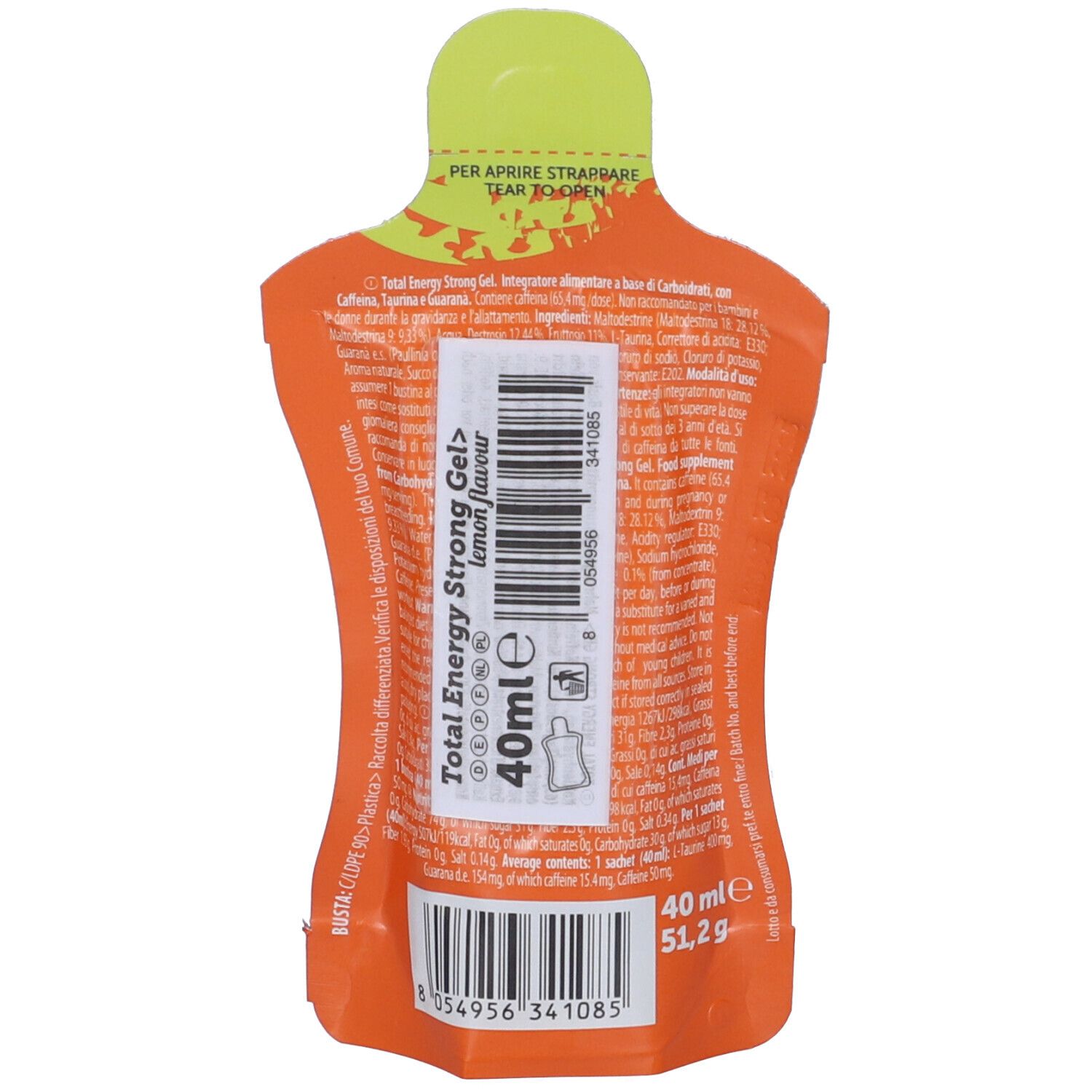 Dos d'un sachet de gel orange avec bouchon jaune. Inscription: Total Energy Strong Gel, citron. 40 ml.