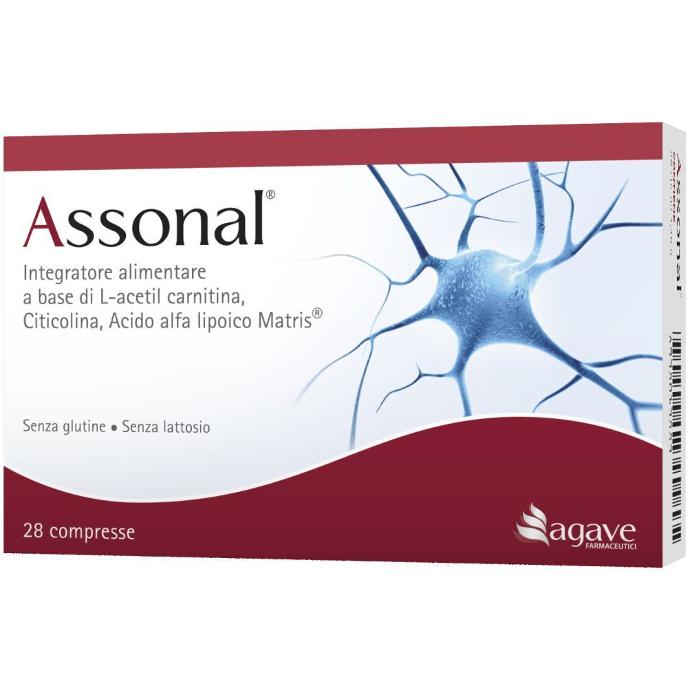 Boîte Assonal®. Rouge et blanche, avec nom du produit et ingrédients. 28 comprimés. Logo Agave.