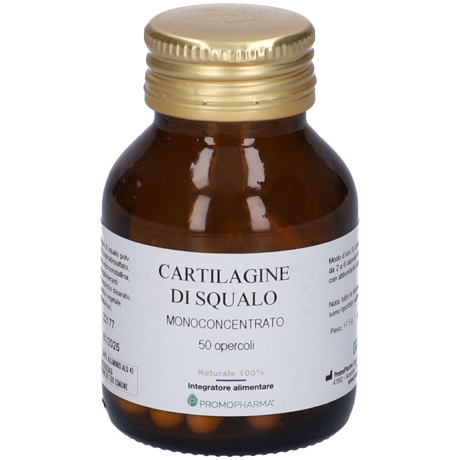 Flacone di vetro marrone con tappo dorato. Etichetta con nome del prodotto e informazioni. Capsule visibili.