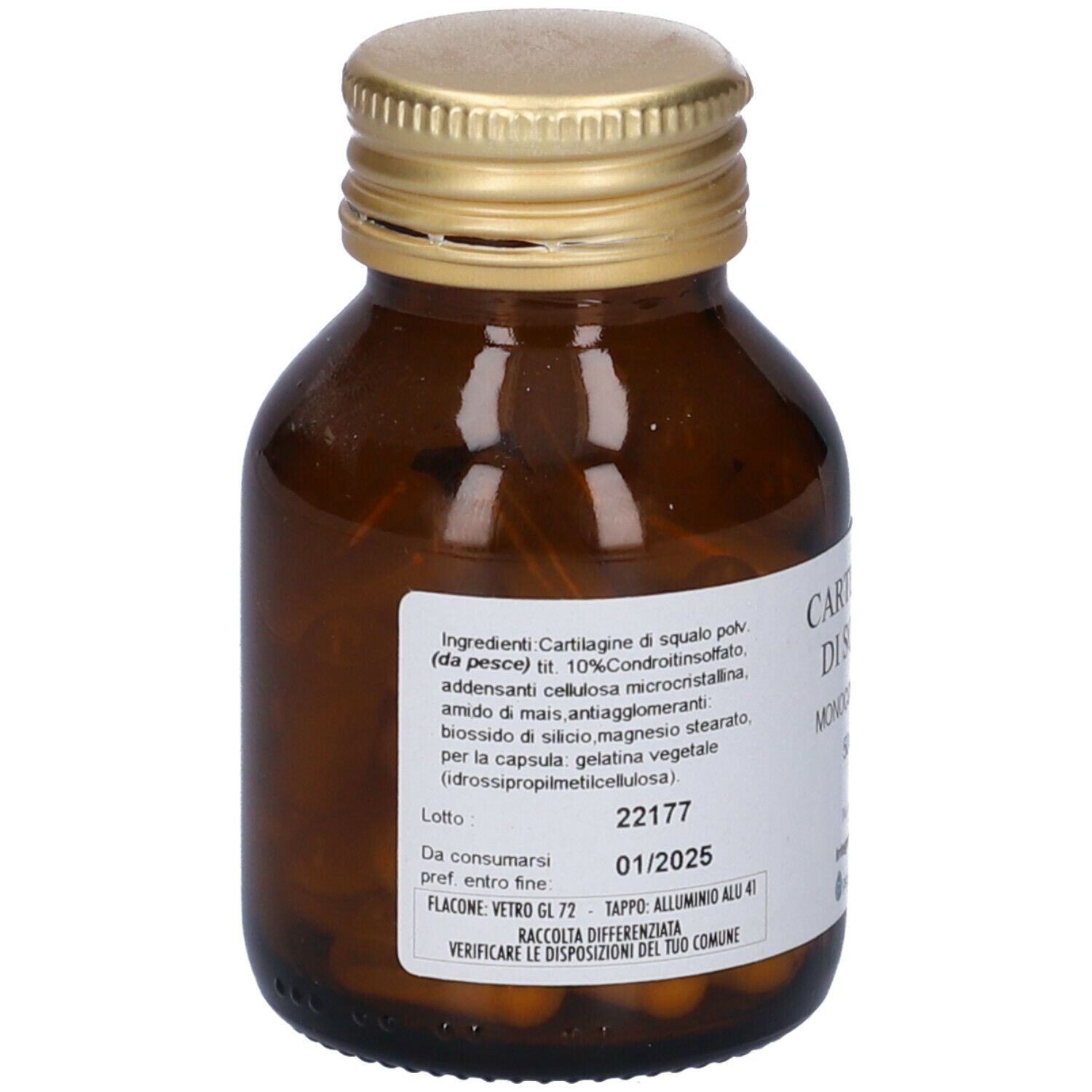Flacone di vetro marrone con tappo dorato. Etichetta con ingredienti e data di scadenza. Capsule visibili.