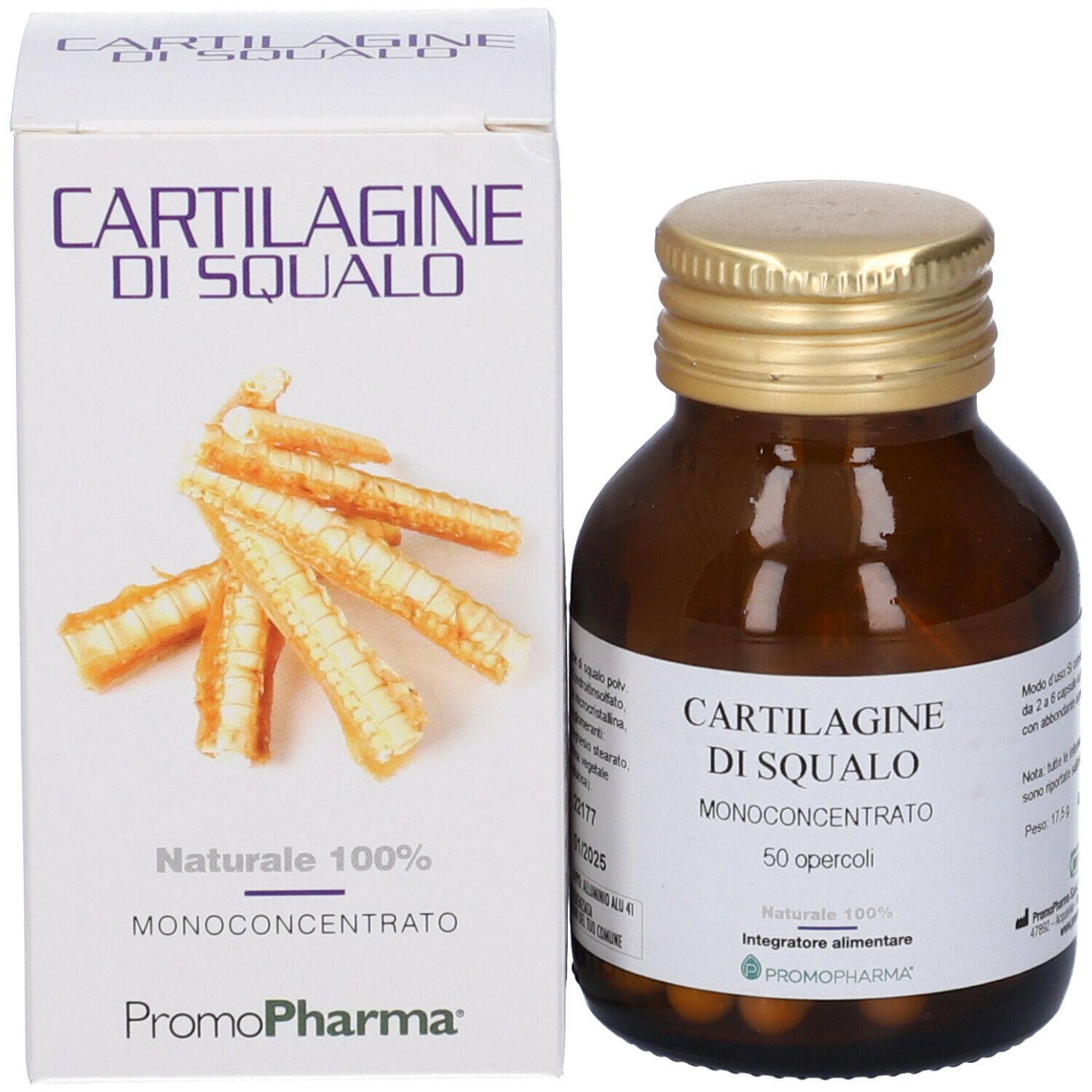 Confezione e flacone. Scatola bianca con nome del prodotto e immagine di cartilagine. Flacone marrone accanto.