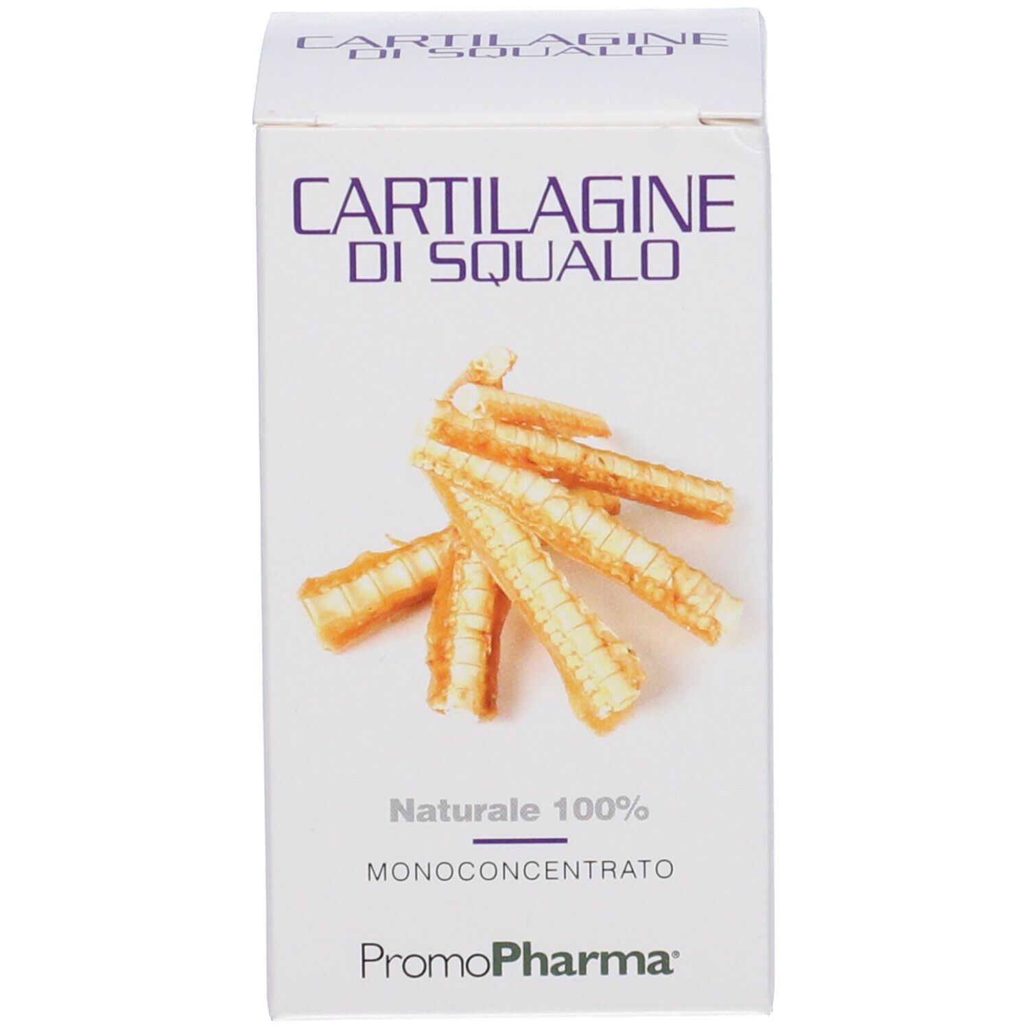 Scatola bianca con nome del prodotto e immagine di cartilagine. Nome del prodotto e logo ben visibili.