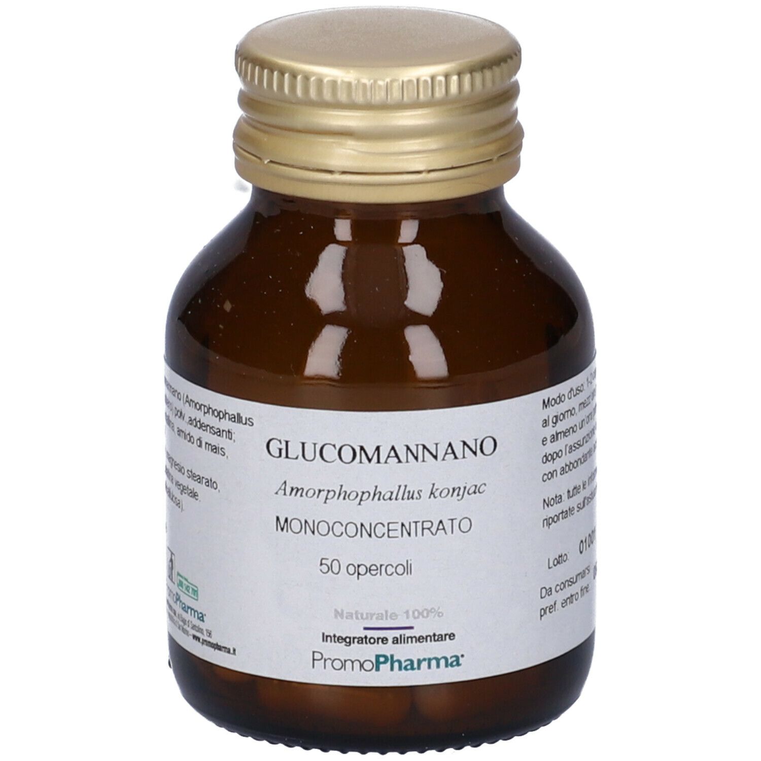 Flacone di vetro marrone con tappo dorato. Etichetta con "Glucomannano", "50 opercoli" e "PromoPharma".