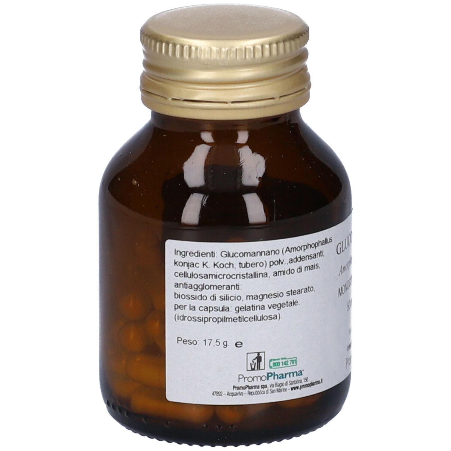 Flacone di vetro marrone con tappo dorato. Etichetta con ingredienti e peso 17,5 g. Capsule visibili.