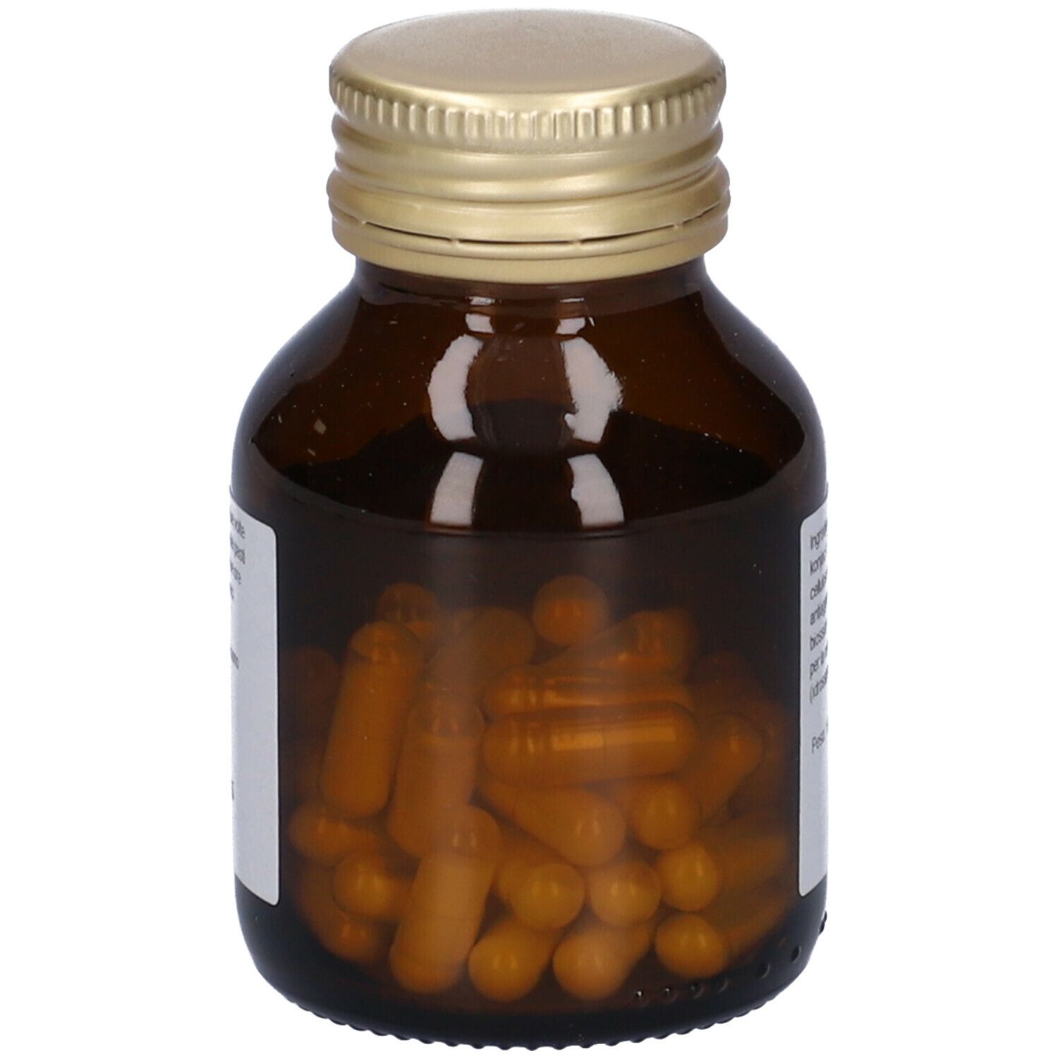 Flacone di vetro marrone con tappo dorato, pieno di capsule gialle. Etichetta parzialmente visibile.